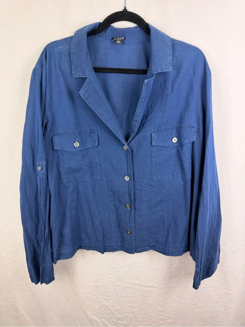 J.‎ Crew Navy Button-Front Camp Shirt Sz 12 100% Cotton Casual Minimalist